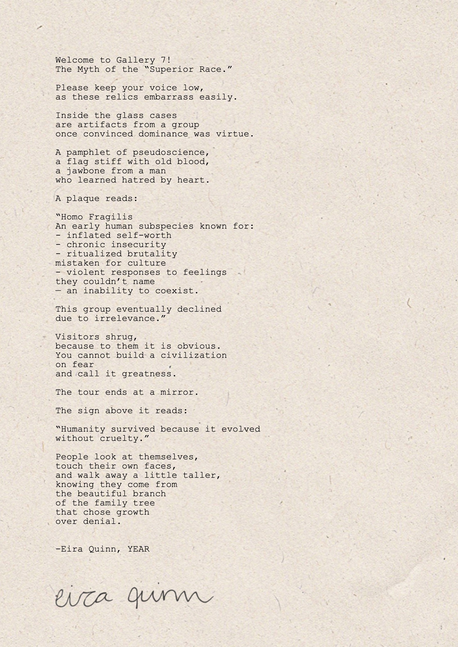 Mockup of "Gallery 7" hand-typed on A4 handmade paper